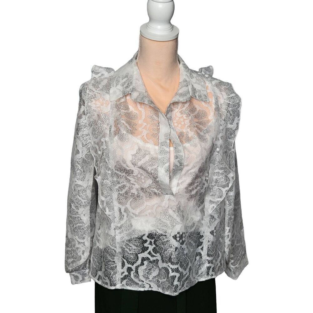 Eva Franco Silver Metallic Lace Ruffle Top with Cami
